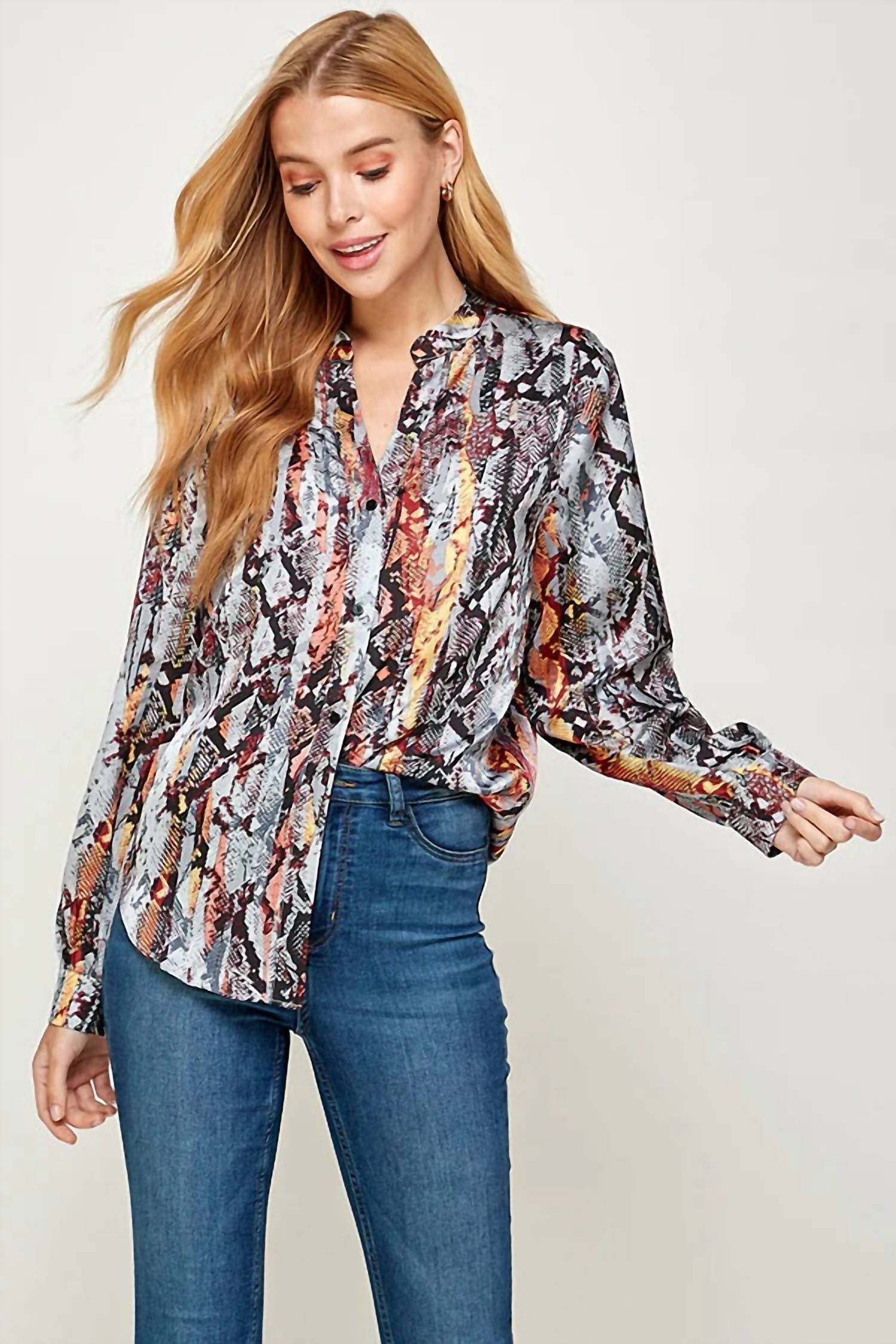 Snakeskin Print Long Sleeve Shirt In Blue Multi