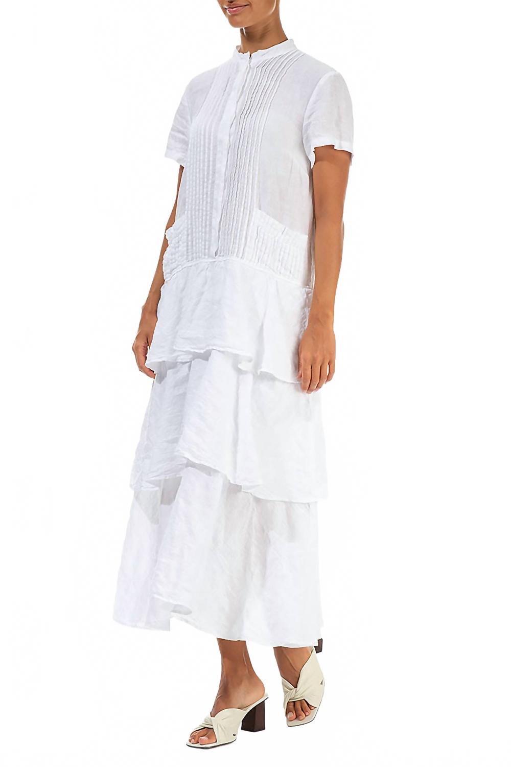 Linen Pleated Front Dress With Tiered Skirt In White