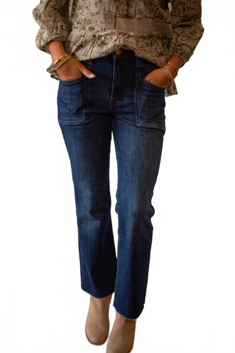 Kelsey High Rise Flare Front Pockets Inset Raw Hem Jean In Precocious
