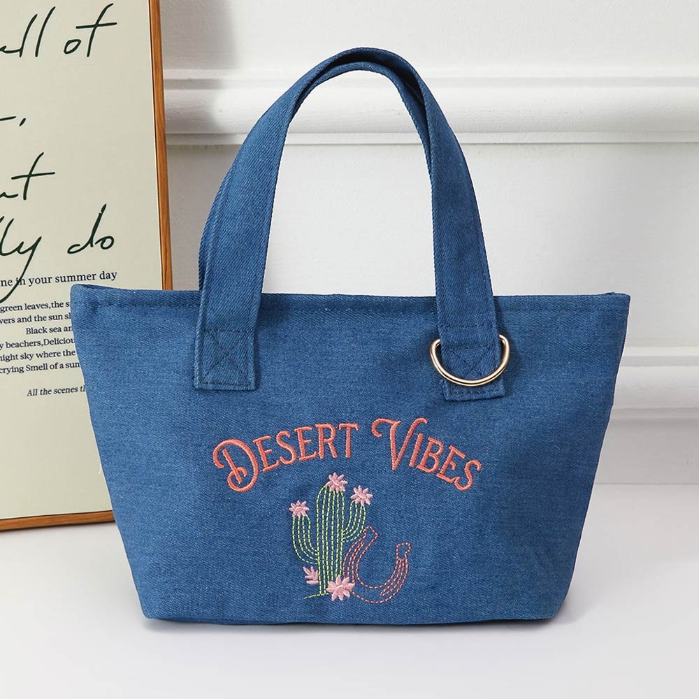 Desert Vibes Cactus Embroidered Small Canvas Tote Bag