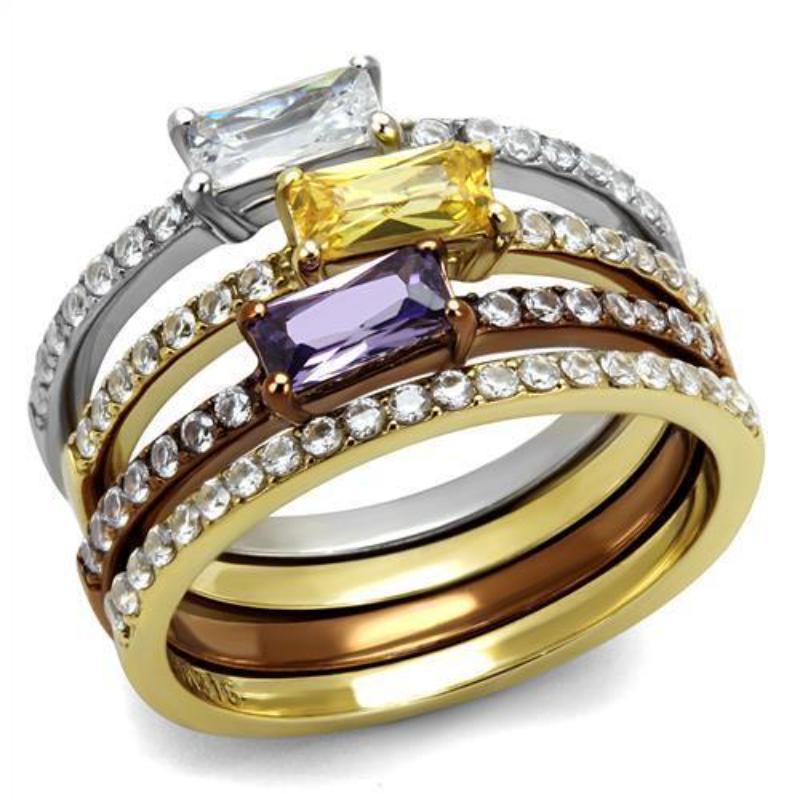Three Tone (IP Gold & IP Light coffee & High Polished) Stainless Steel Ring with AAA Grade CZ in Multi Color