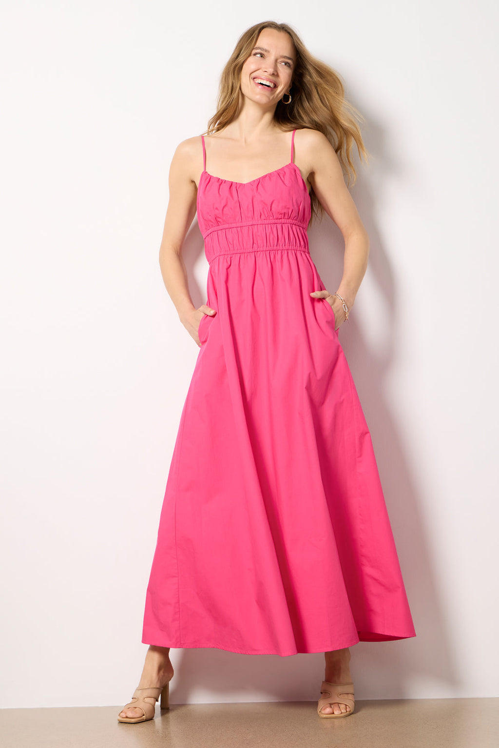 Women's Poplin Ruched Maxi Dress