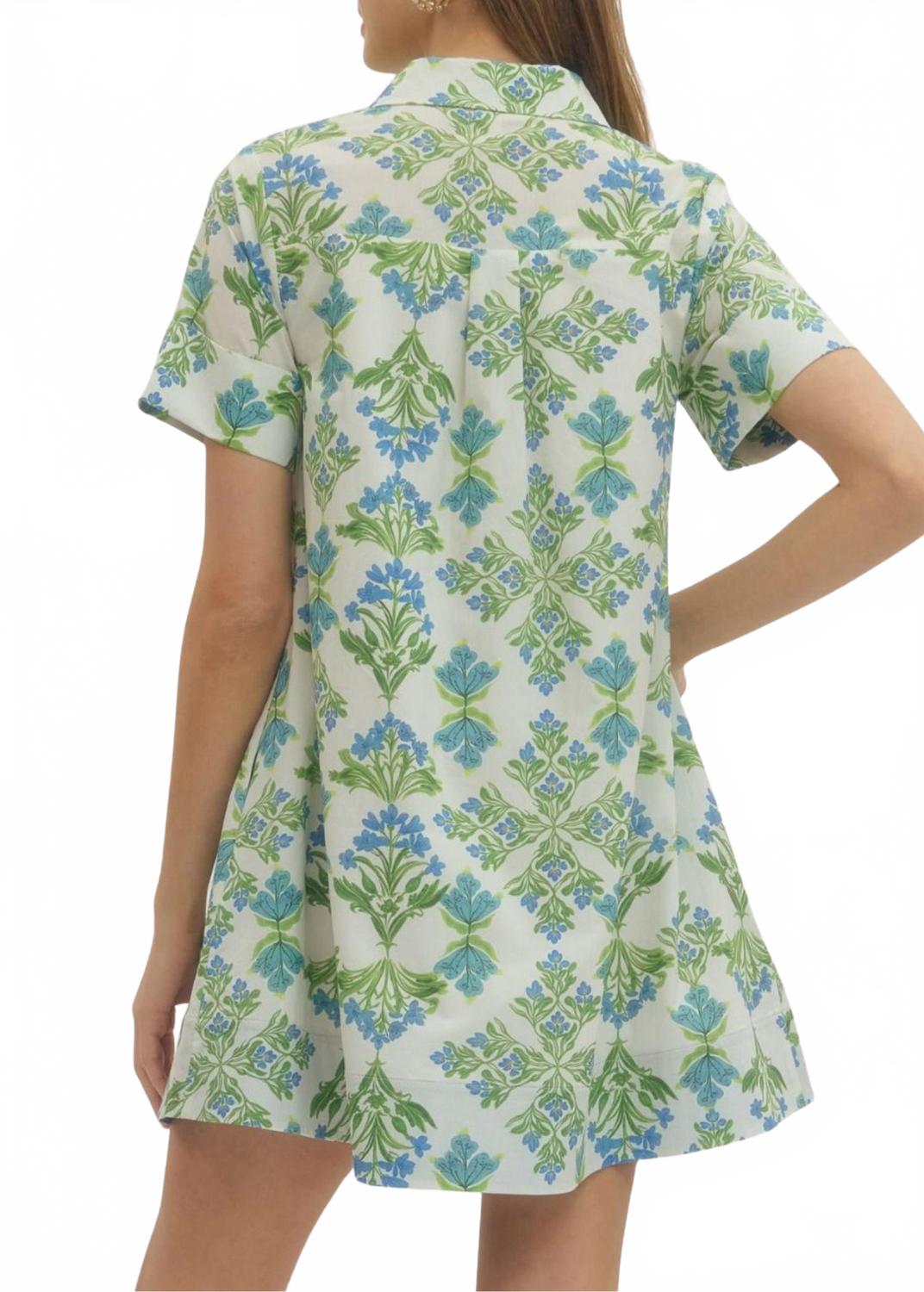 Caroline Mini Dress In Jade Blockprint