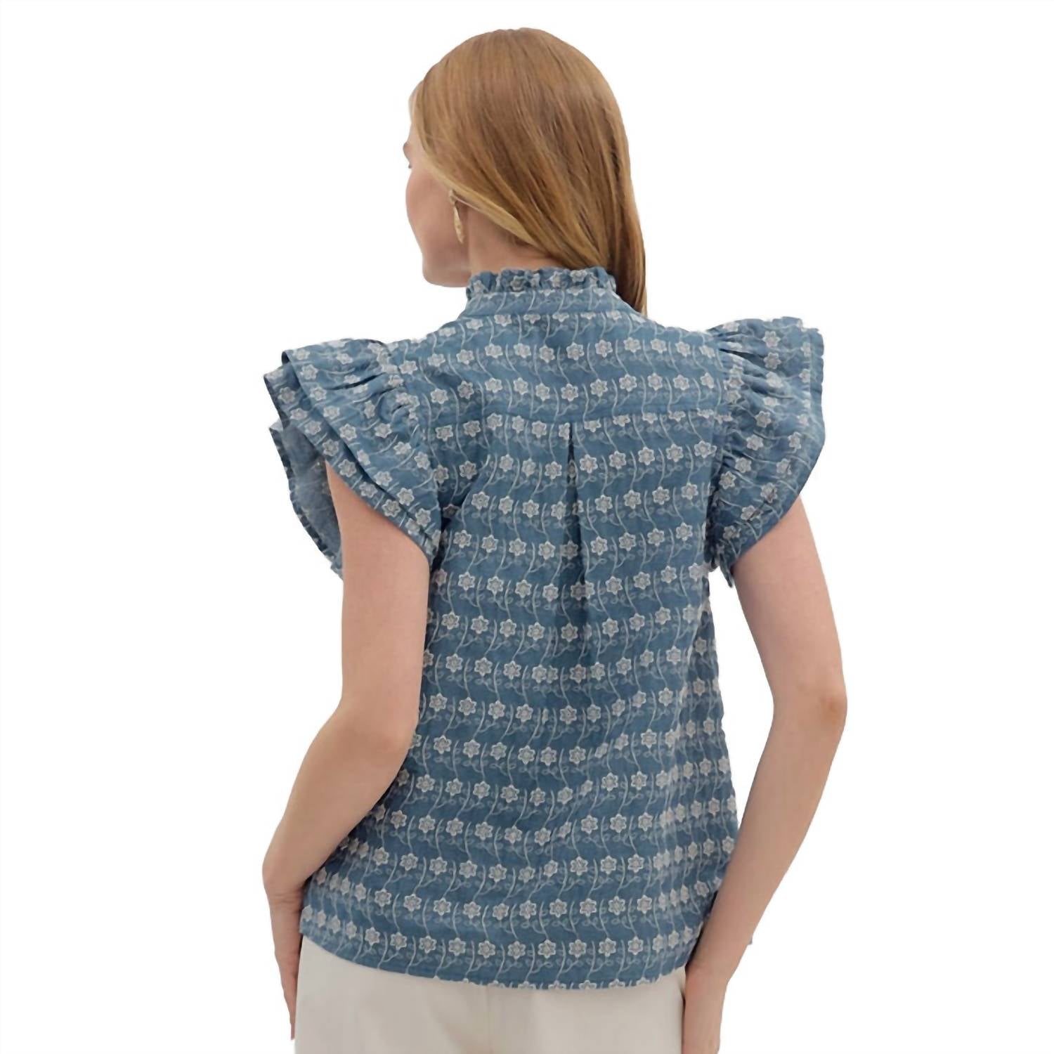 Georgia Flutter Sleeve Top In Embroidered Chambray