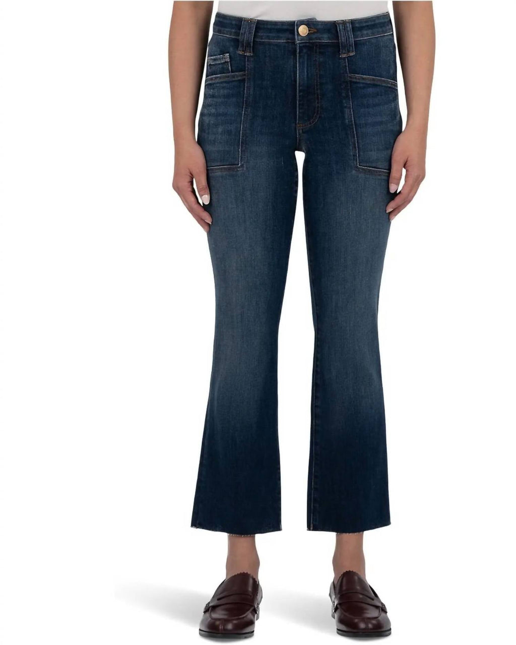 Kelsey High Rise Flare Front Pockets Inset Raw Hem Jean In Precocious