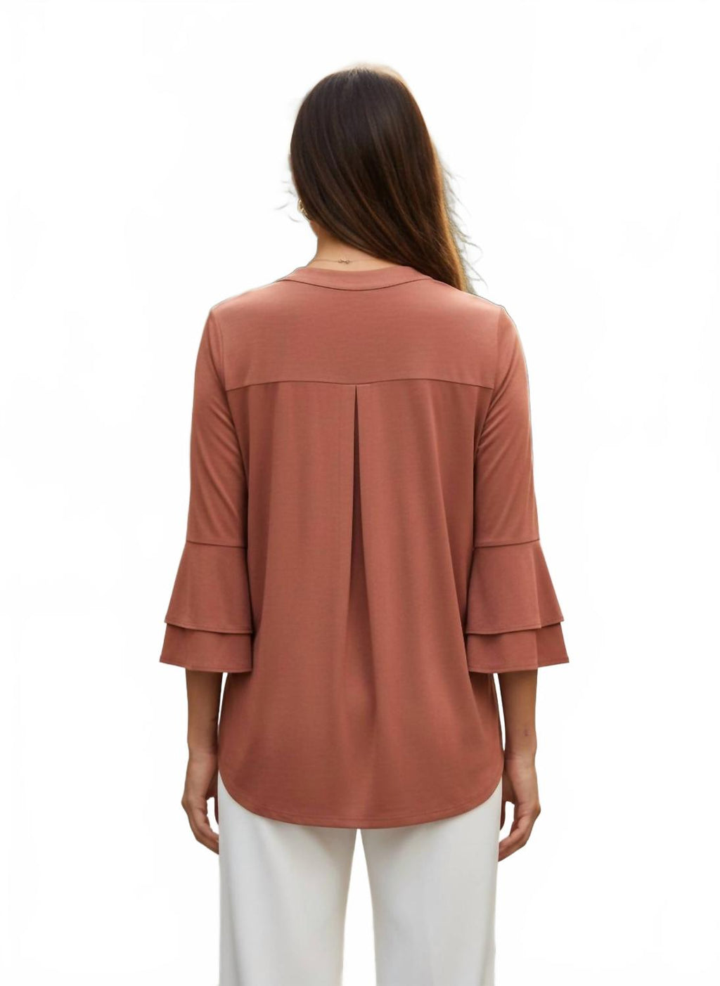 Solid Color Tiered Bell Sleeve Top In Caramel