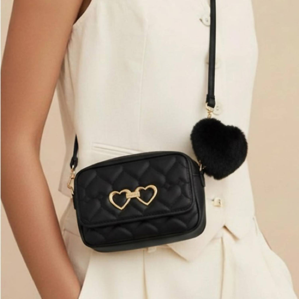 Women's Quilted Crossbody Bag With Heart Detail In Black