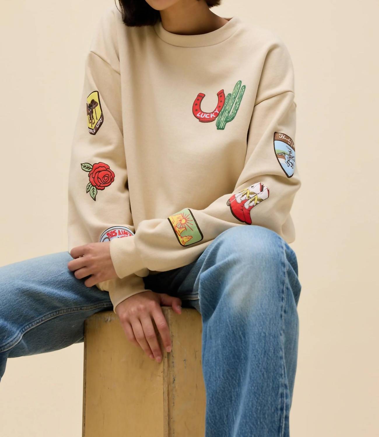 Western Patches Oversized Crew Sweatshirt In Beige