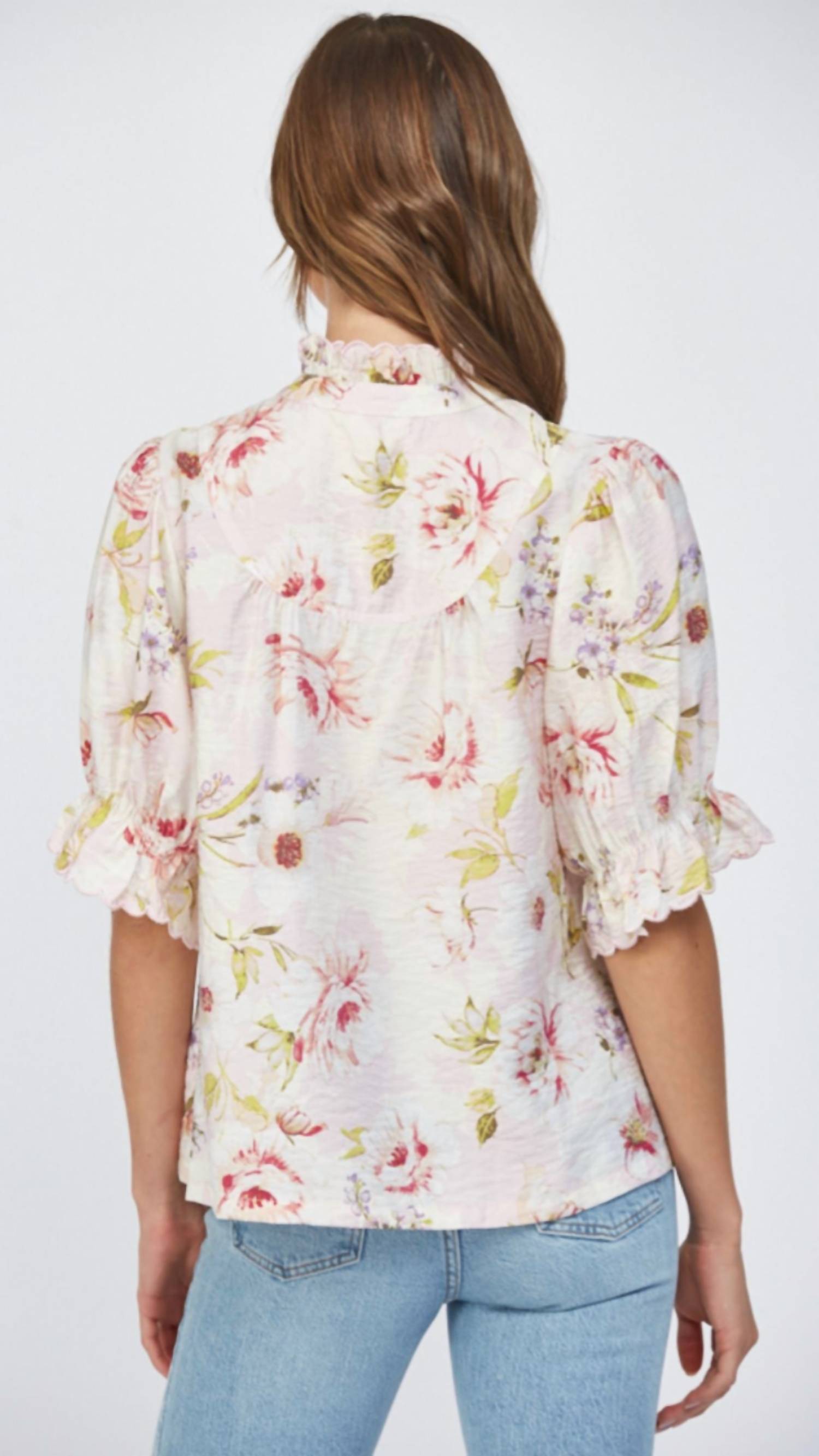 Ruffle Stand Collar Floral Blouse In English Roses