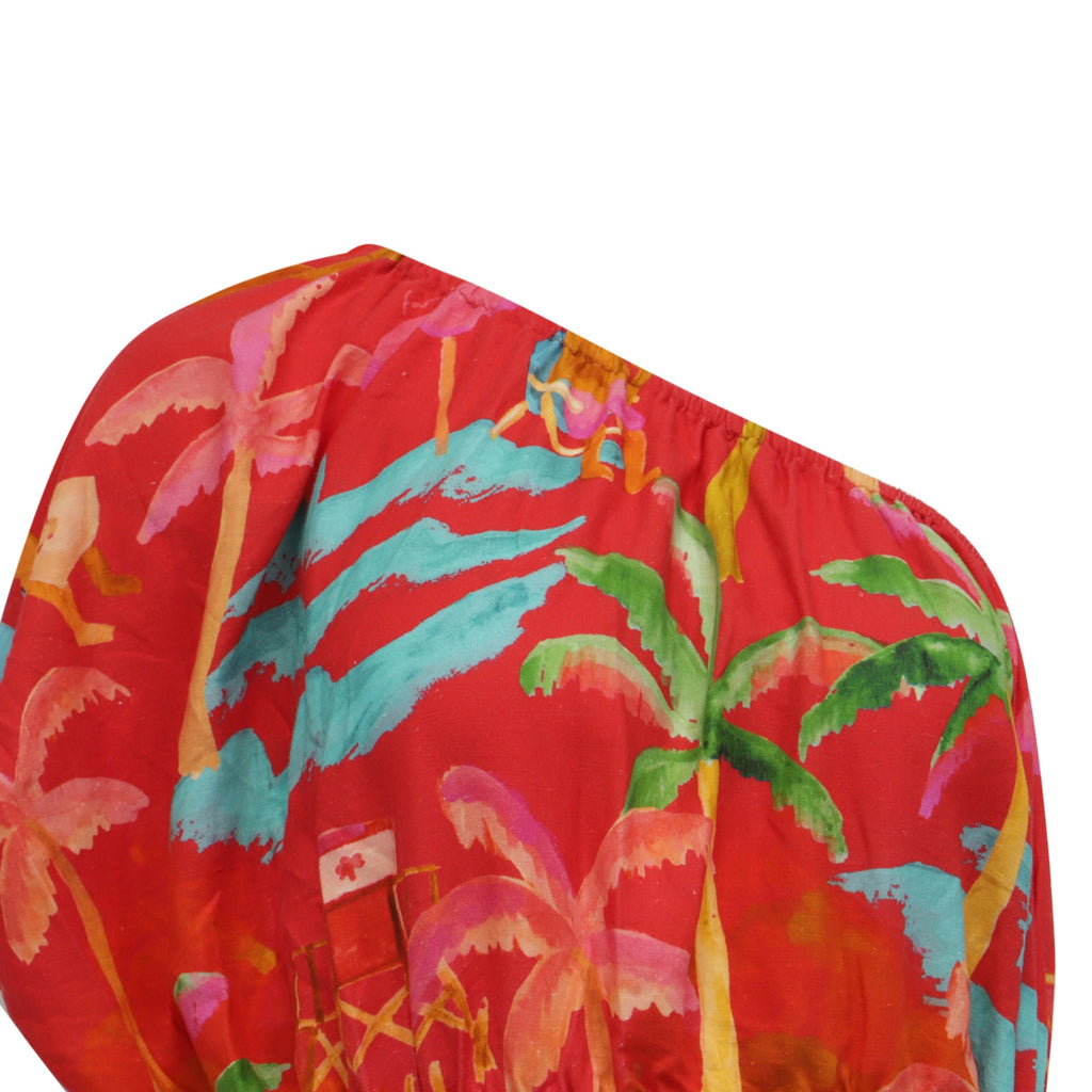 Farm Rio Ipanema One Shoulder Mini Dress in Red Linen