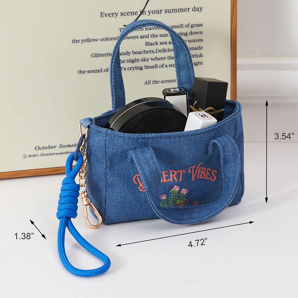 Desert Vibes Cactus Embroidered Mini Canvas Tote Bag Keychain Bag Charm