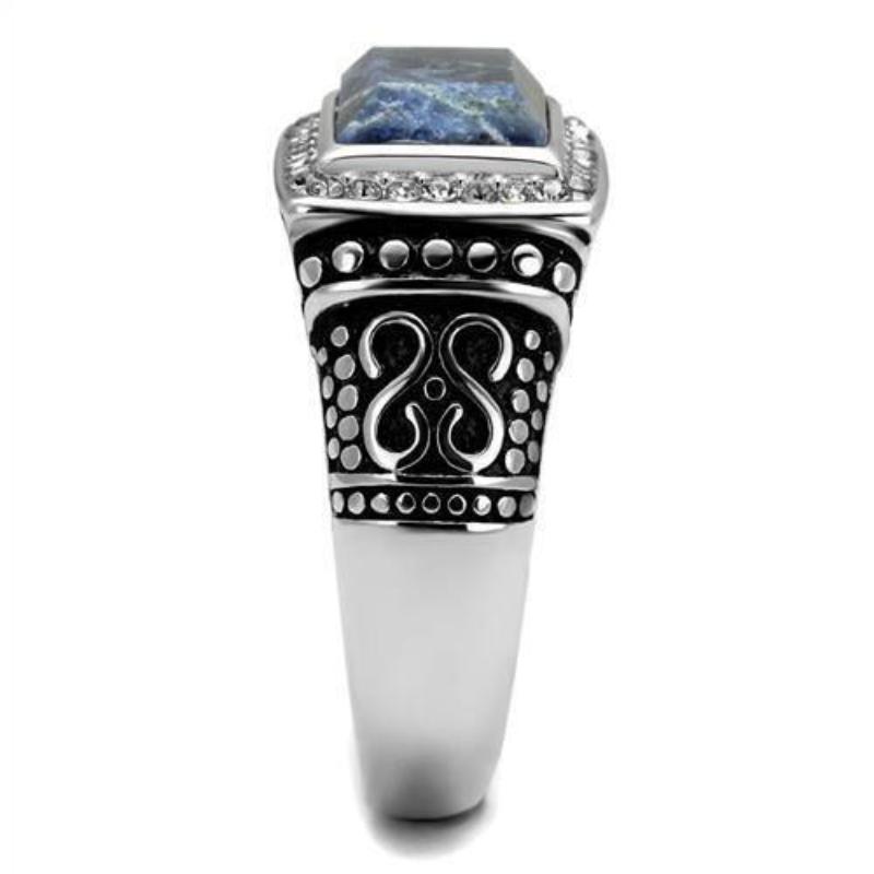 High polished (no plating) Stainless Steel Ring with Semi-Precious Sodalite in Capri Blue