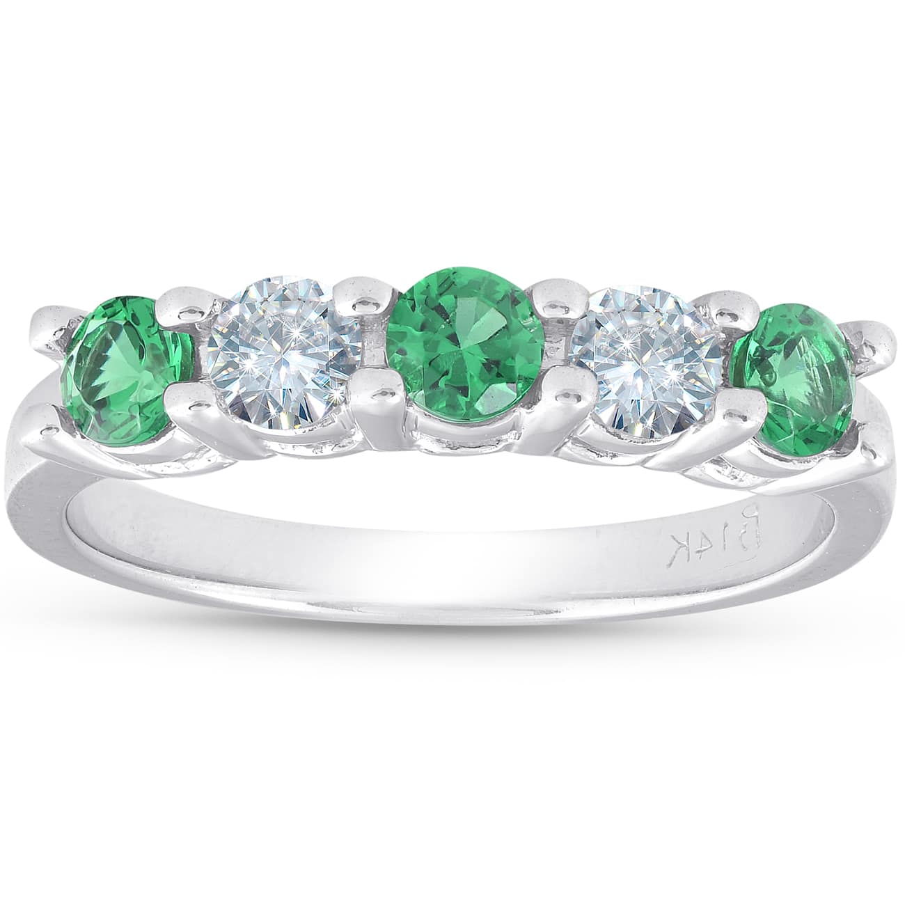 3/4ct Emerald & Diamond 5-Stone Wedding Ring 14K White Gold Size Selectable