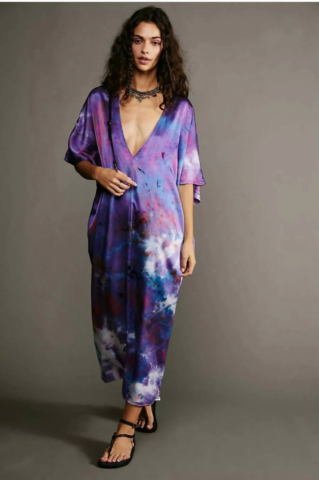 V-Neck Silk Kaftan Dress In Purple