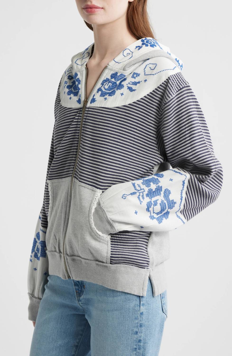 Lydia Mixed Media Zip-Up Hooded Sweater In Grey