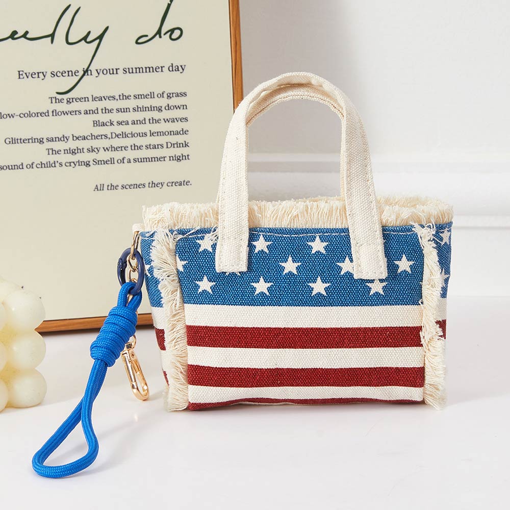 American USA Flag Mini Canvas Tote Bag Keychain Bag Charm