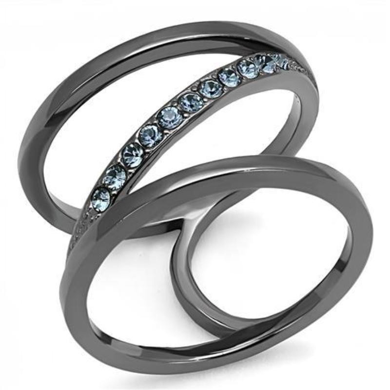 IP Light Black Stainless Steel Ring with Top Grade Crystal in Capri Blue