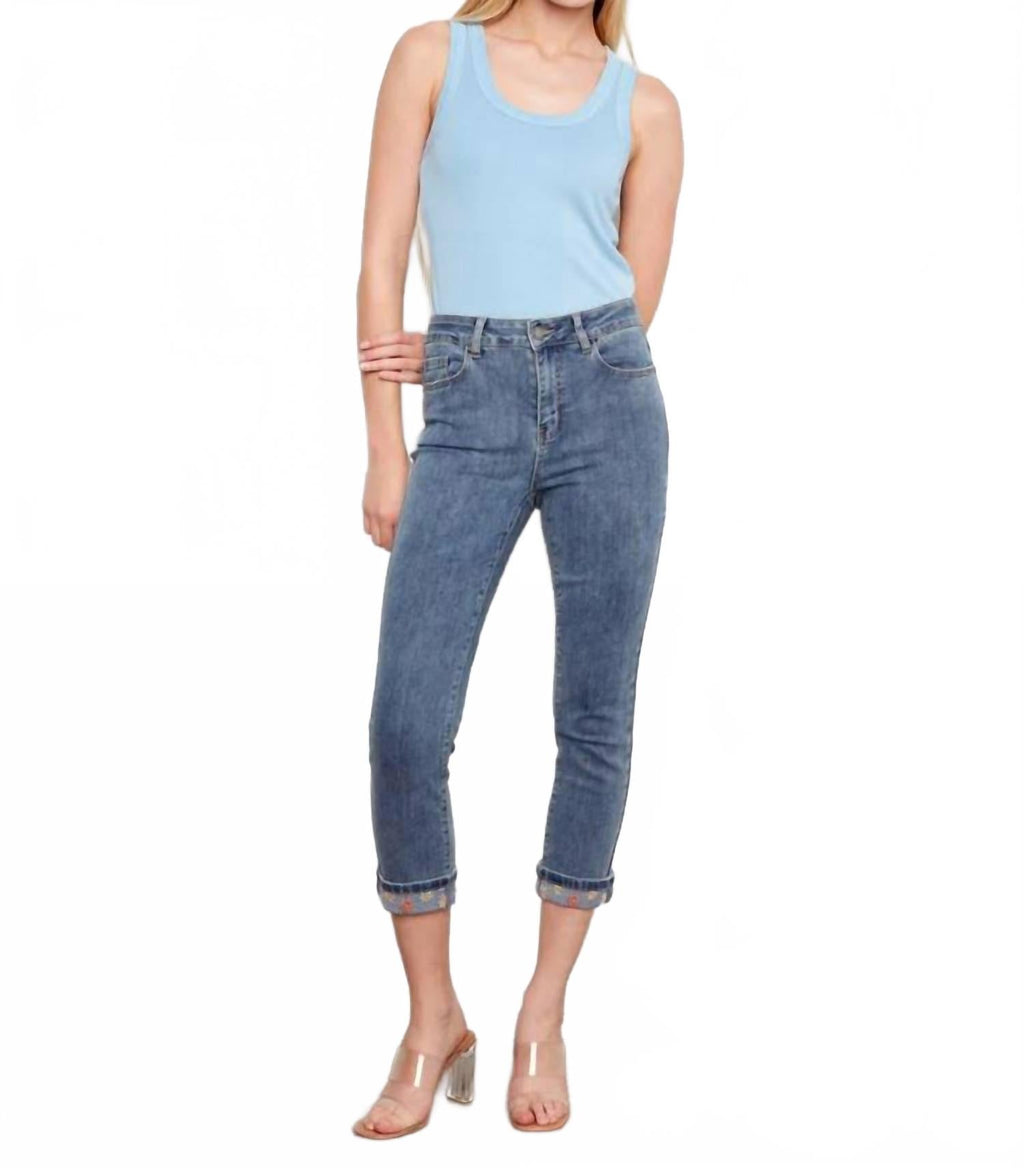 Slim Leg Jeans With Rolled Embrodered Cuff In Medium Blue