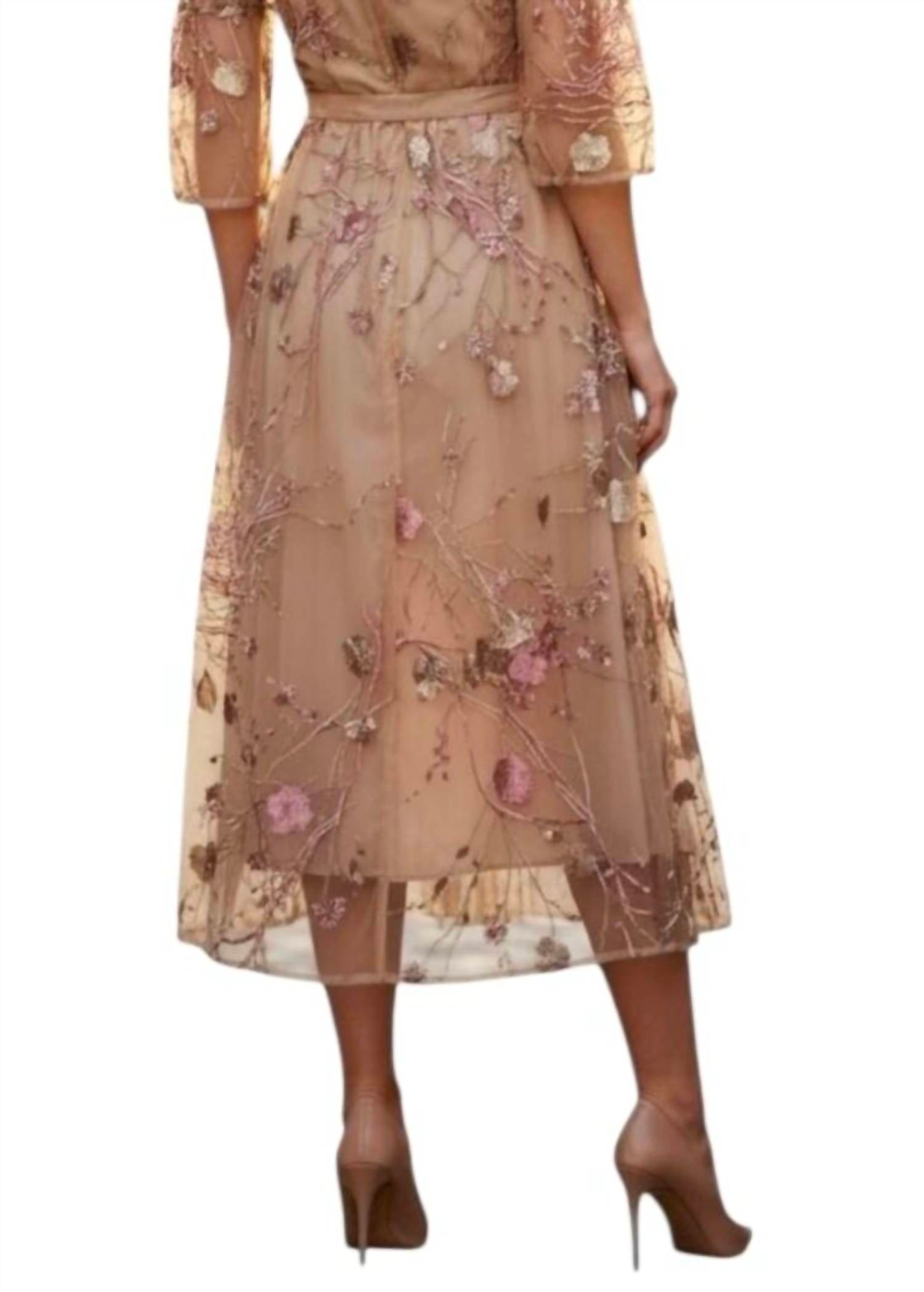 Sheer Floral Embroidered Midi Dress In Tan