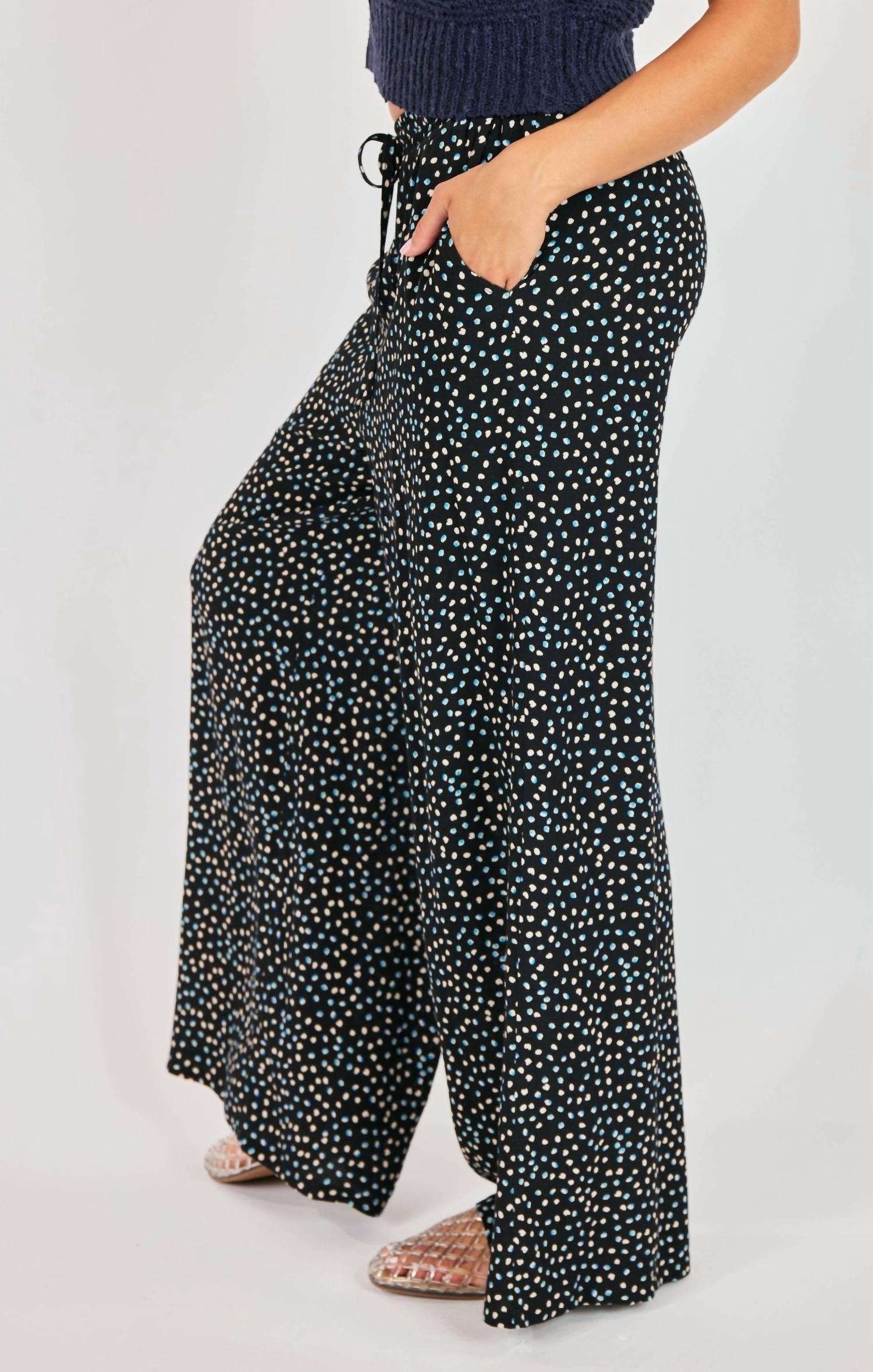 New Romance Wide Leg Polka Dot Drawstring Pants In Blue