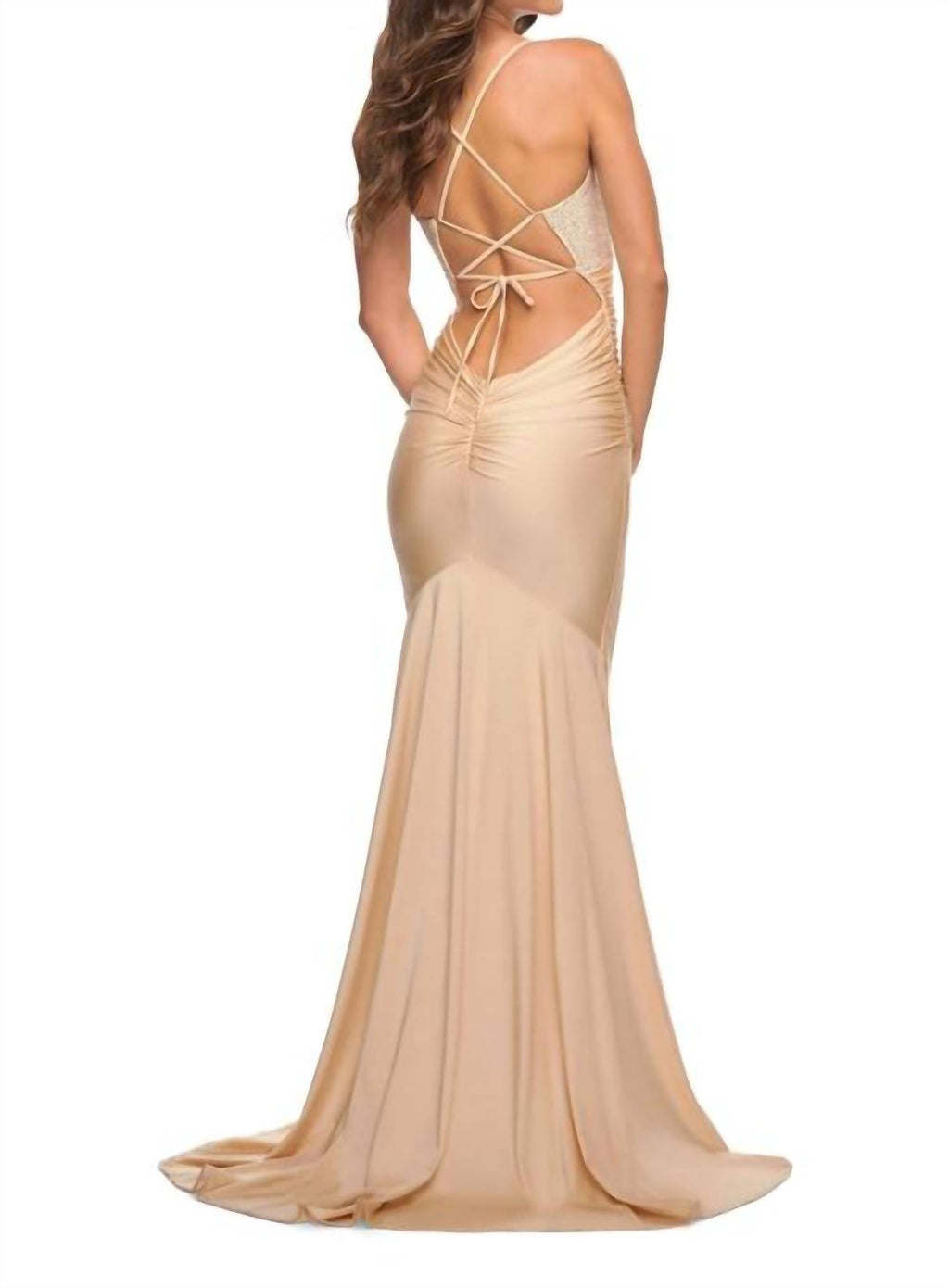 Fitted Long Jersey Prom Gown In Light Gold