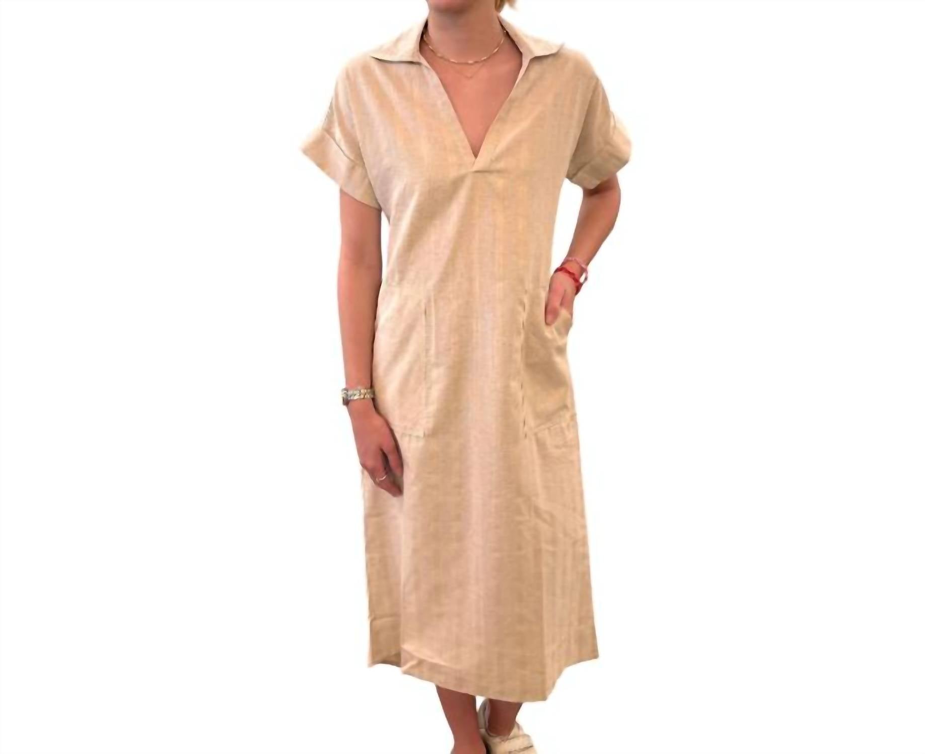 Linen Stripe Elaine Dress In Oatmeal Oat