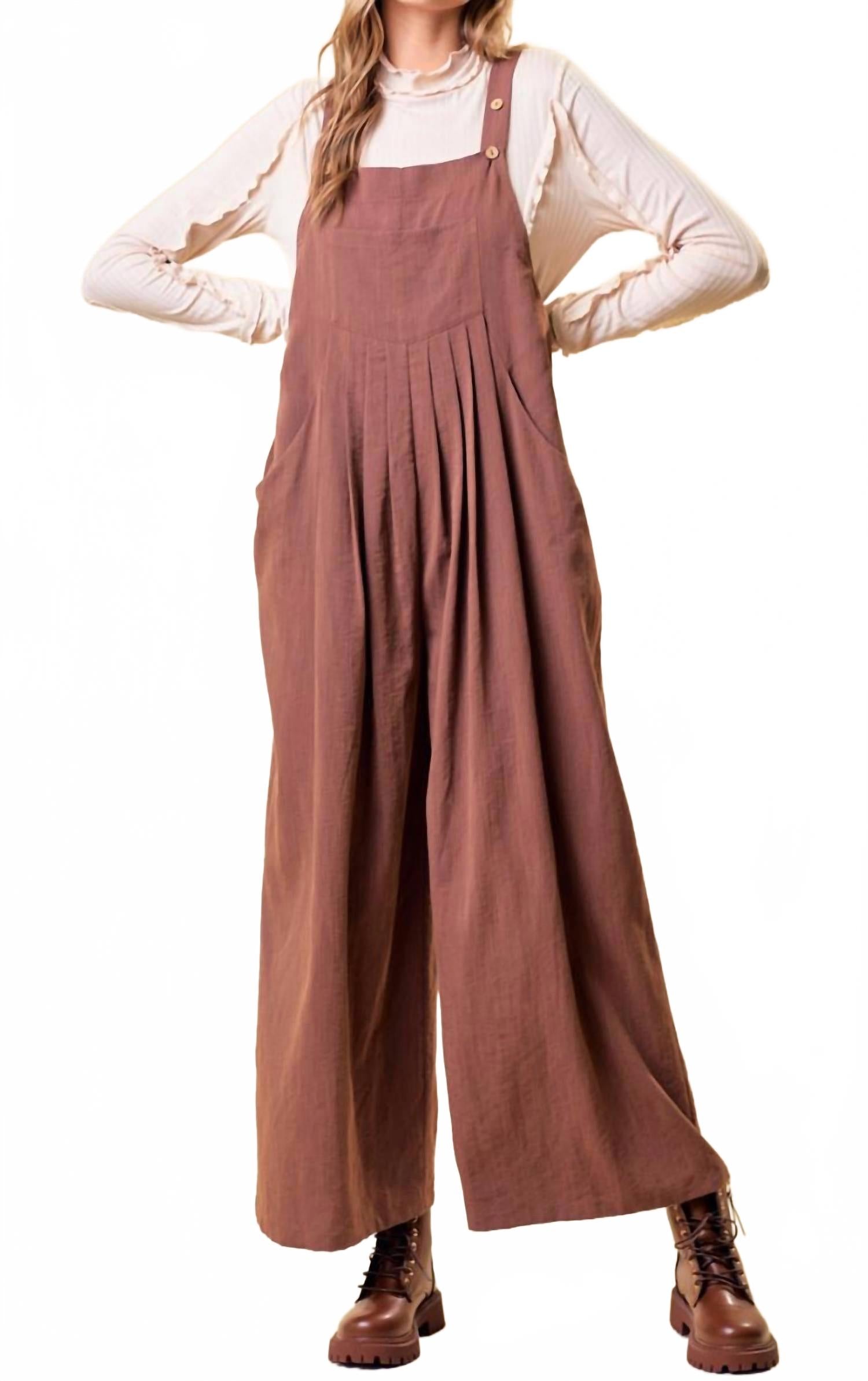 Over All Wode Leg Jumpsuit In Brown