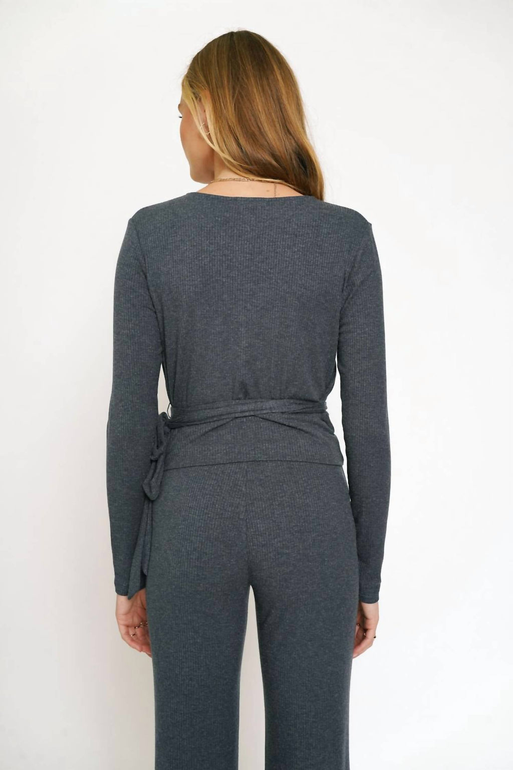 Wrap Tie Front Long Sleeve Rib Top In Deep Blue