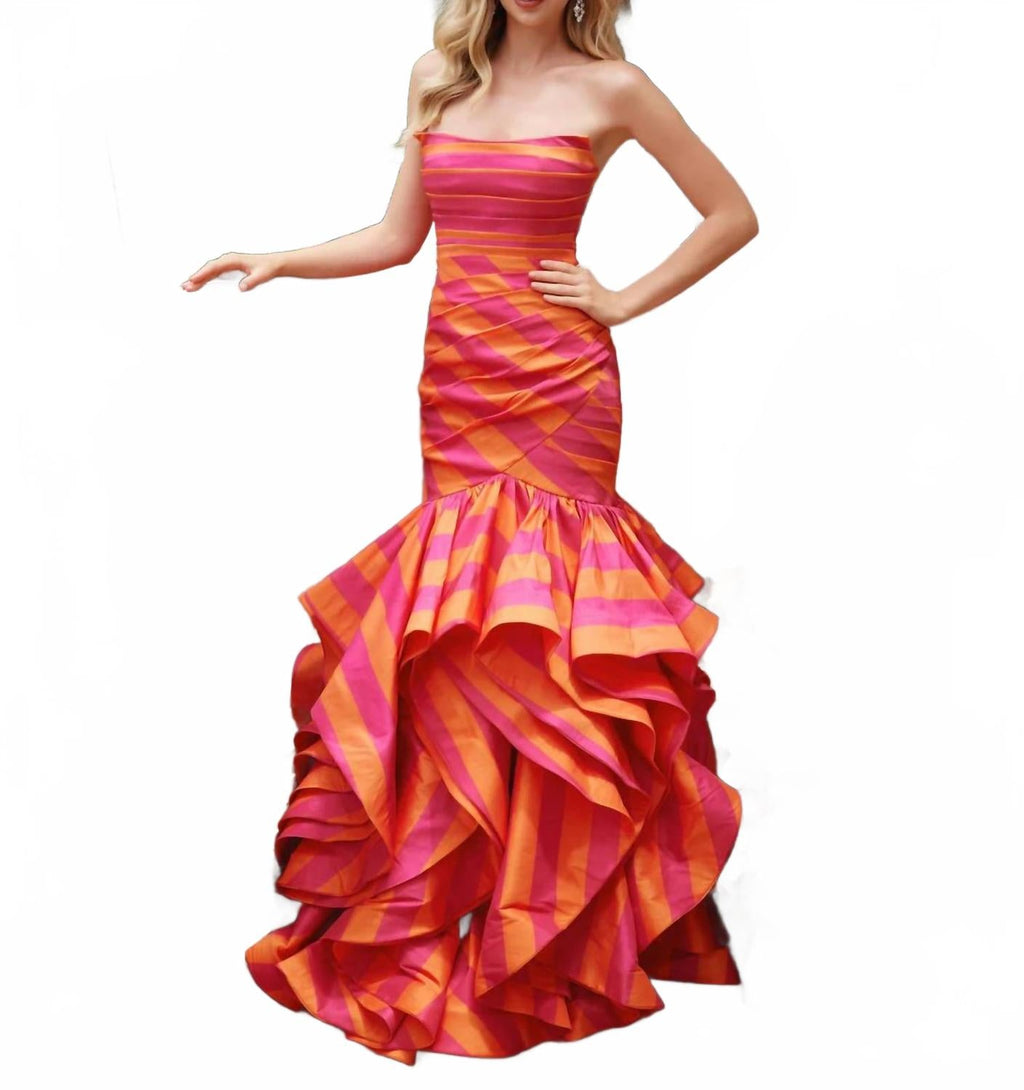 Striped Ruffle Mermaid Prom Dress In Orange Pink