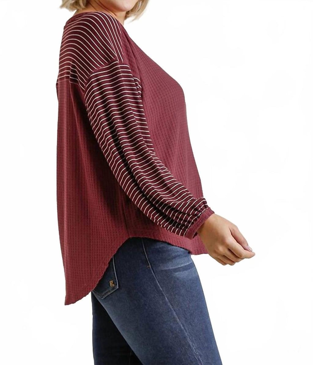 Ribbed Sleeve Top In A Waffle Knit With High Low Hem - Plus In Berry Striped