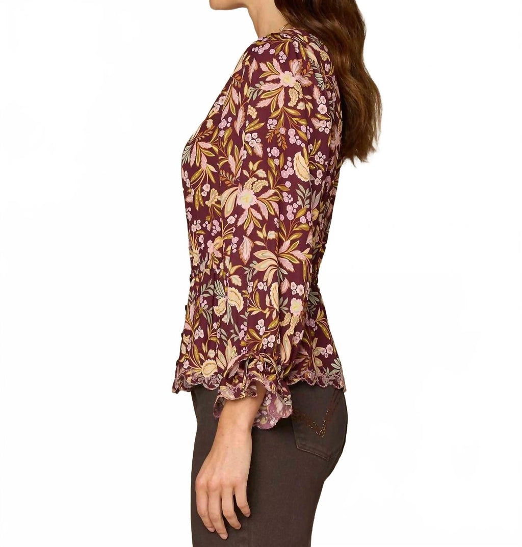 Long Tie Sleeve V-Neck Printed Woven Top In Floral