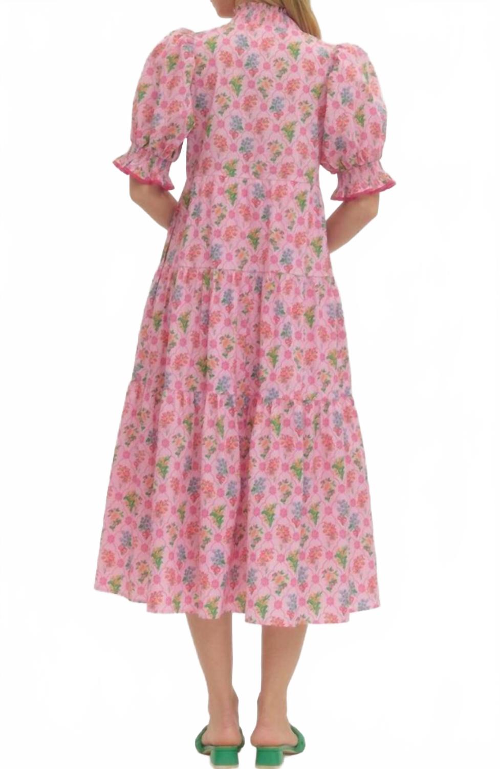 Floral Print Puff Sleeve Midi Dress In Pink Multi