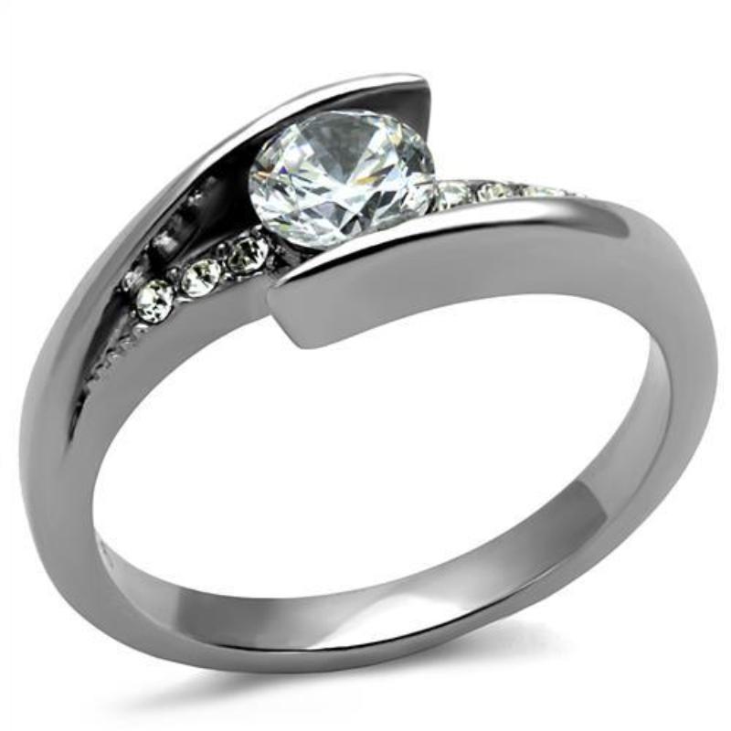 High polished (no plating) Stainless Steel Ring with AAA Grade CZ in Clear