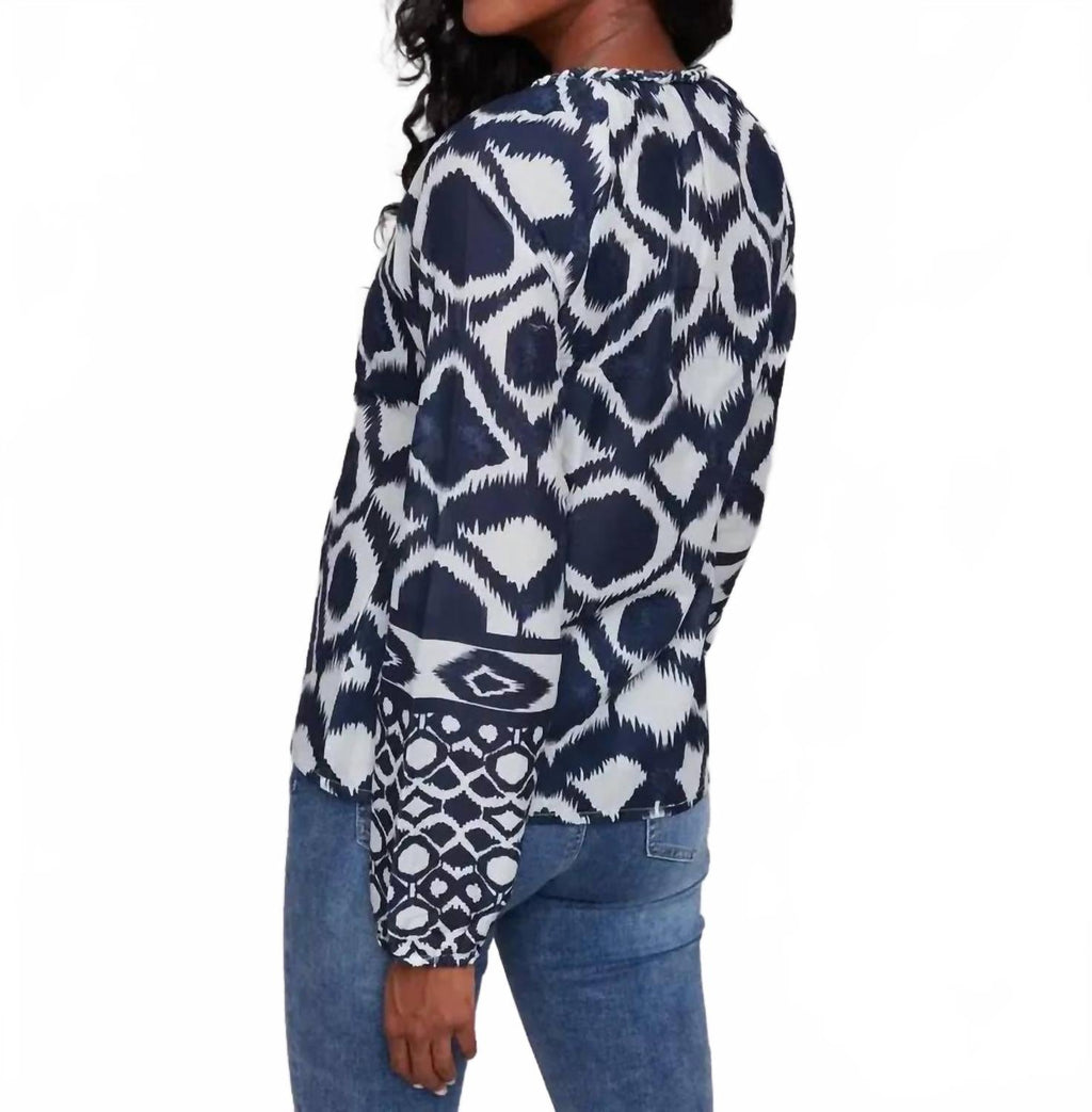 Printed Raglan Long Sleeve Popover Blouse In Navy & Cream