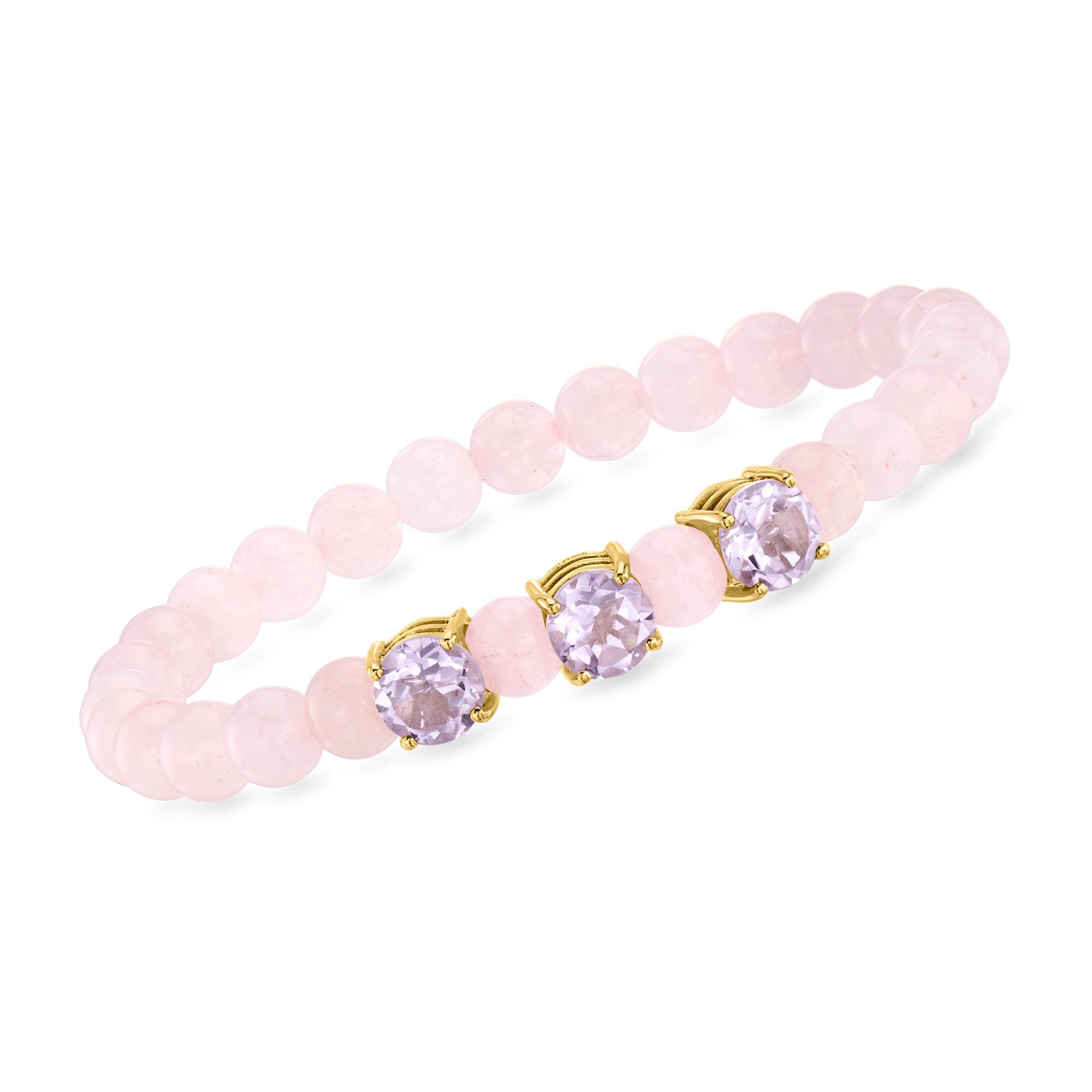Ross-Simons Rose Quartz Bead Stretch Bracelet With Amethysts in 18kt Gold Over Sterling