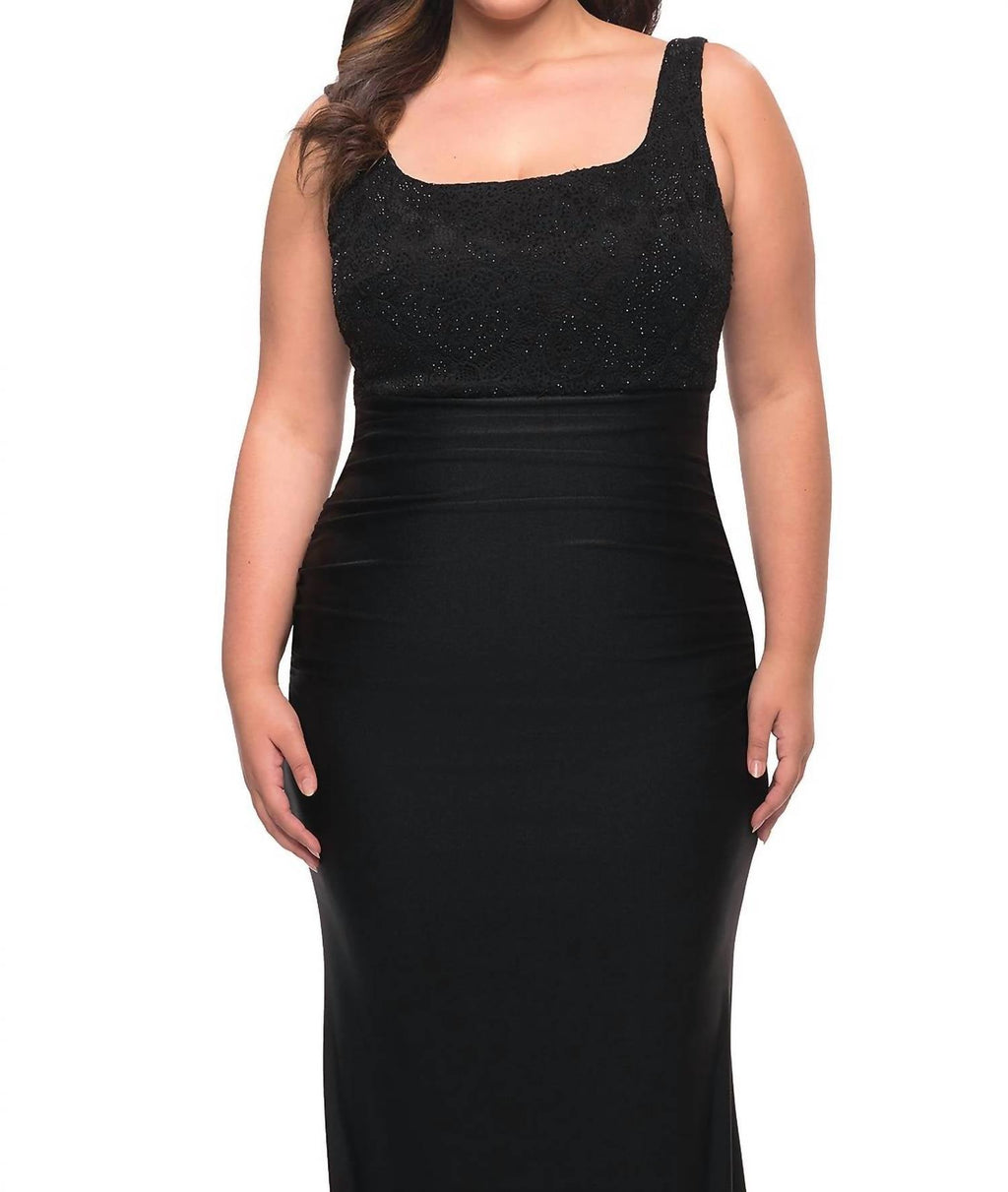 Squareneck Jersey Skirt And Lace Bodice Gown In Black