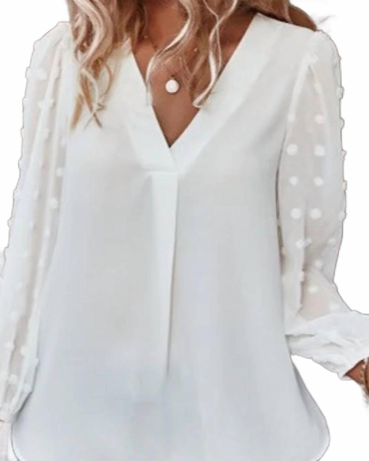 Dotted V Neck Blouse In White