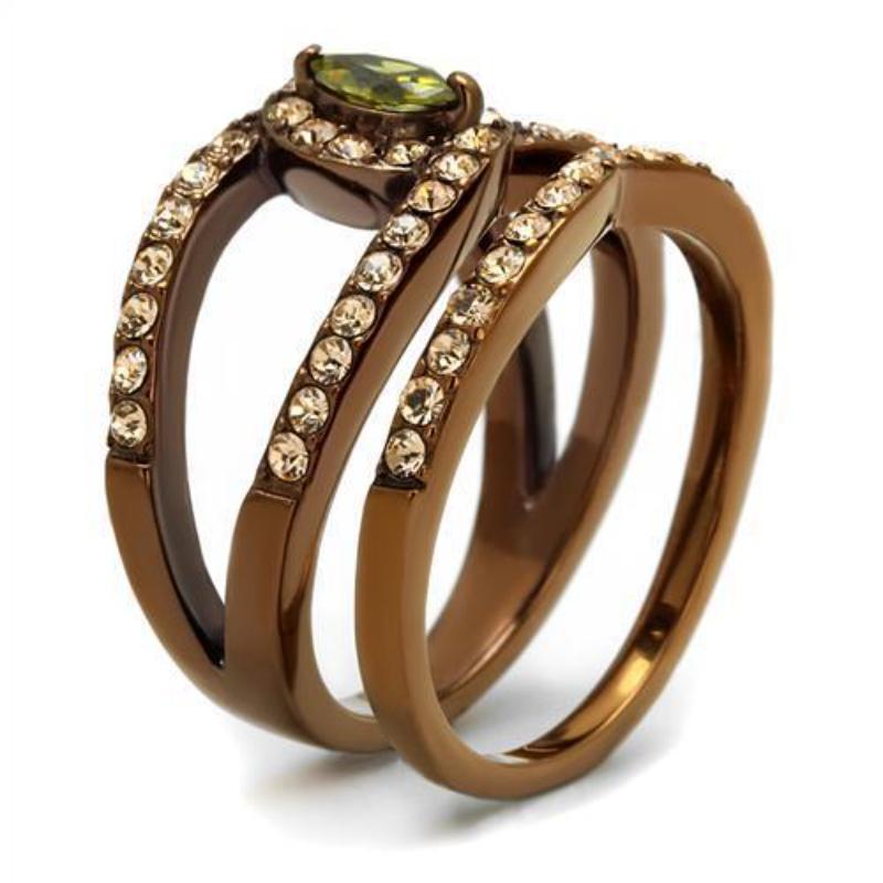 IP Coffee light Stainless Steel Ring with AAA Grade CZ in Olivine color