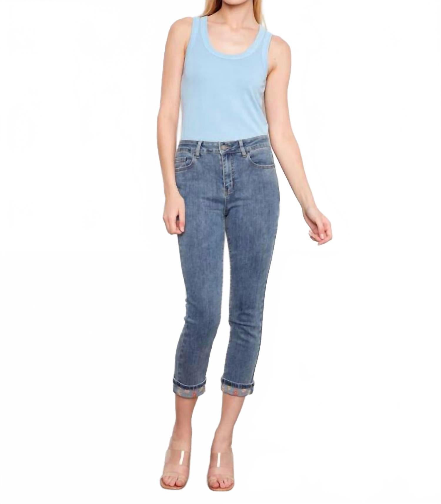 Slim Leg Jeans With Rolled Embrodered Cuff In Medium Blue