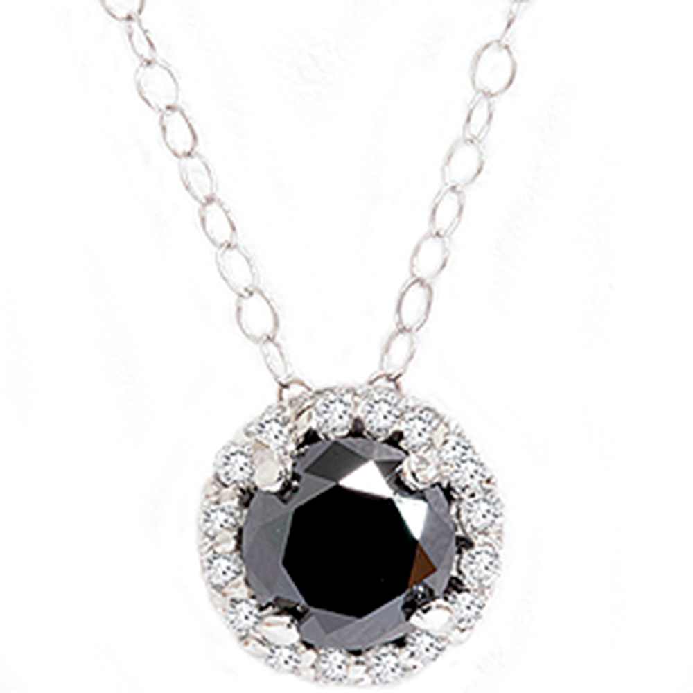 1 1/8ct Black White Diamond Solitaire Pave Halo Pendant