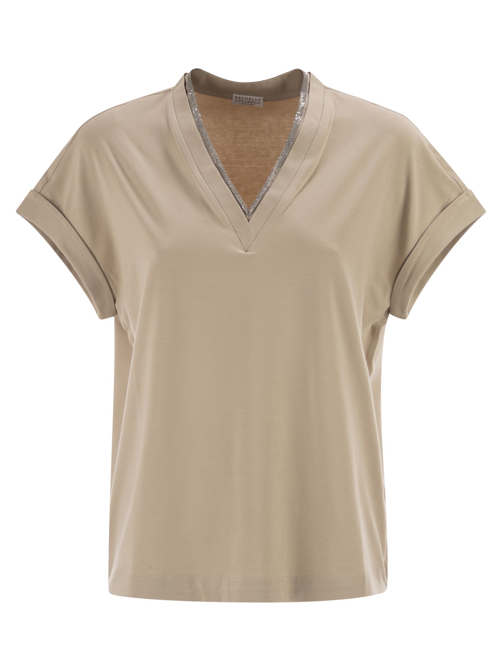Brunello Cucinelli Women Stretch Cotton Jersey T-Shirt With Precious Neckline