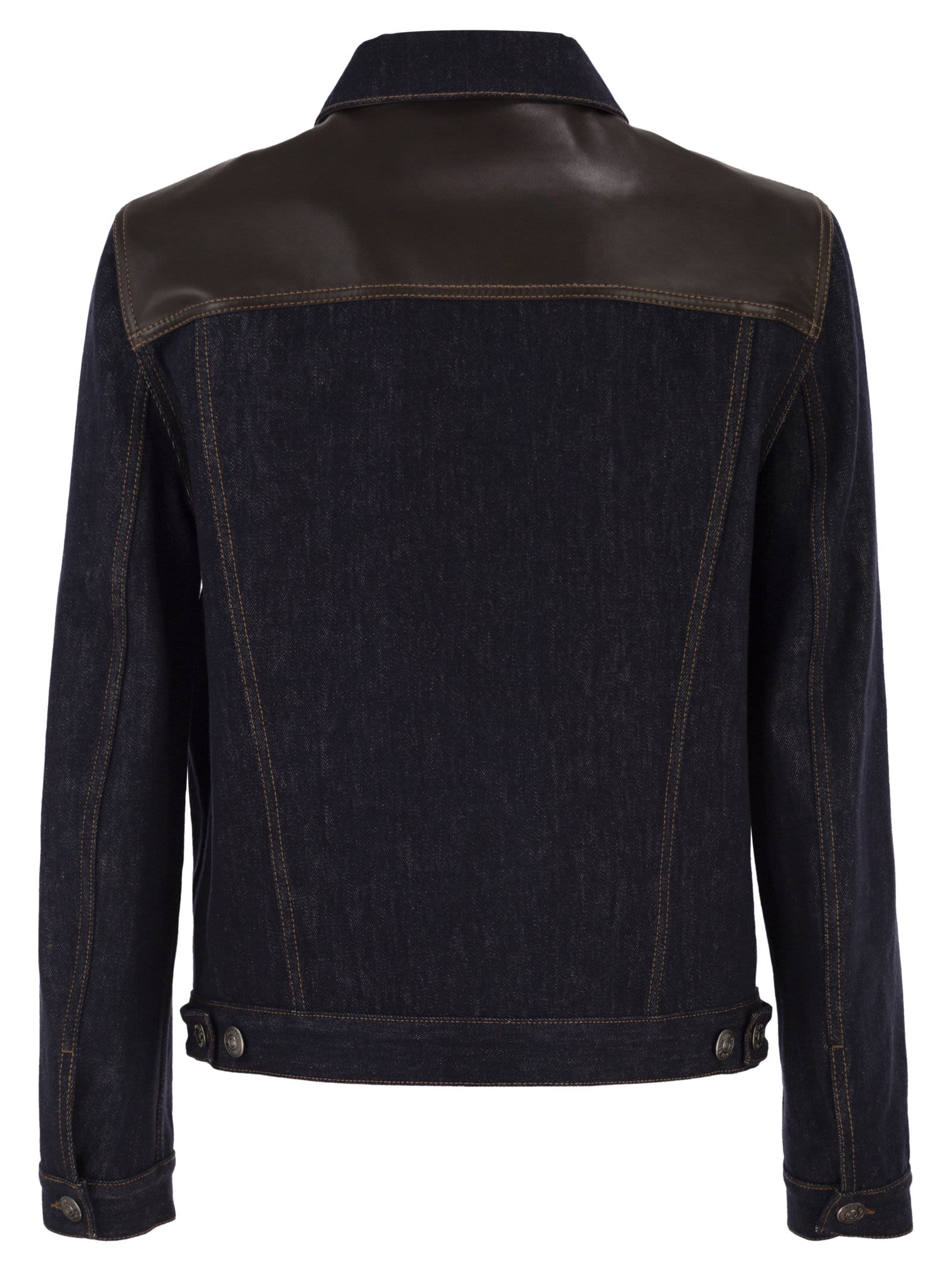Brunello Cucinelli Men Cotton Denim Jacket With Leather Details