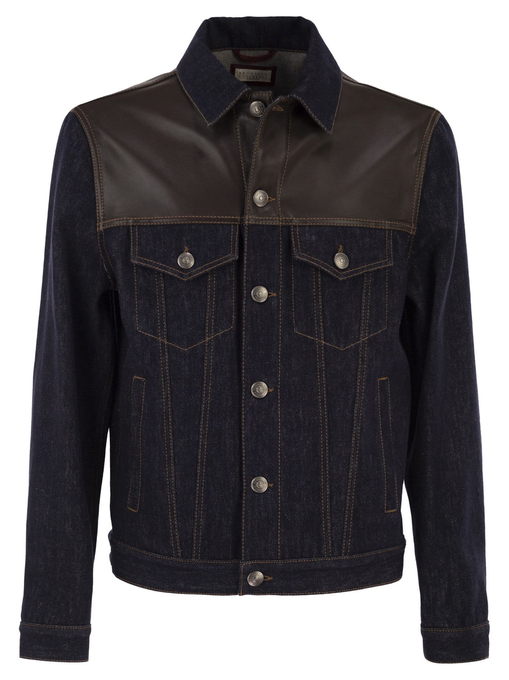 Brunello Cucinelli Men Cotton Denim Jacket With Leather Details
