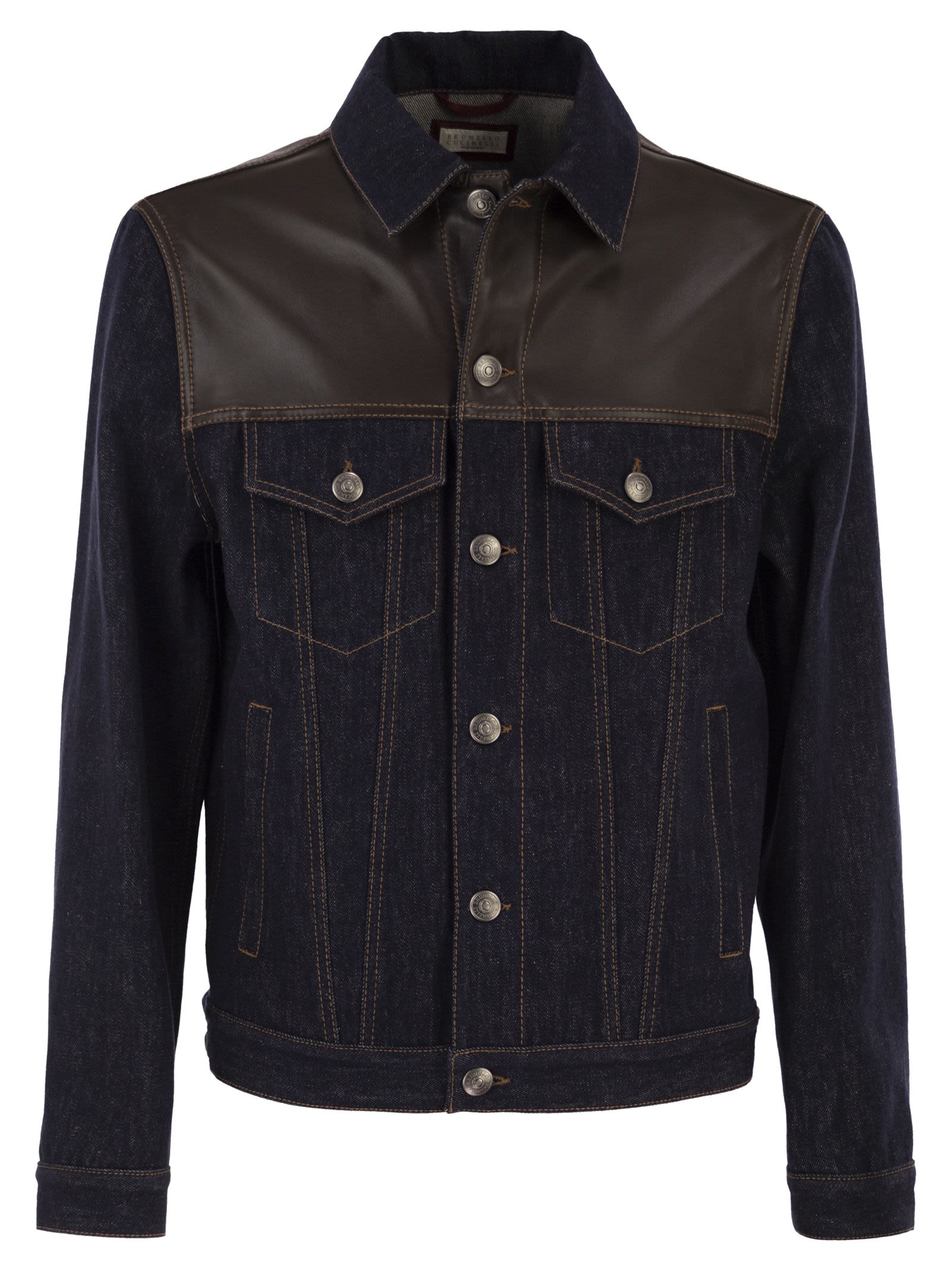 Brunello Cucinelli Men Cotton Denim Jacket With Leather Details