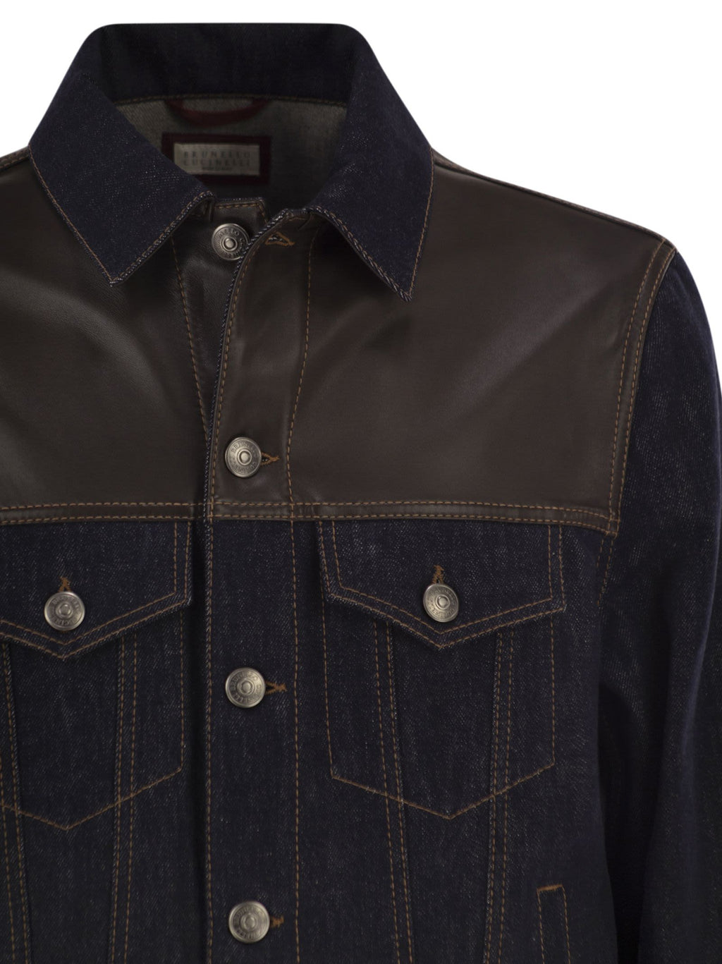 Brunello Cucinelli Men Cotton Denim Jacket With Leather Details