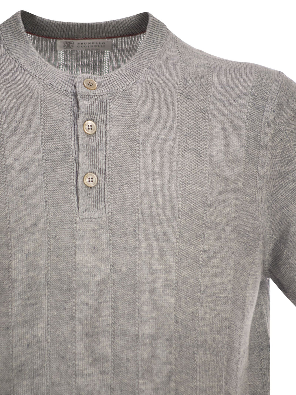 Brunello Cucinelli Men Seraphim Collar T-Shirt In Linen And Cotton Rib Knit