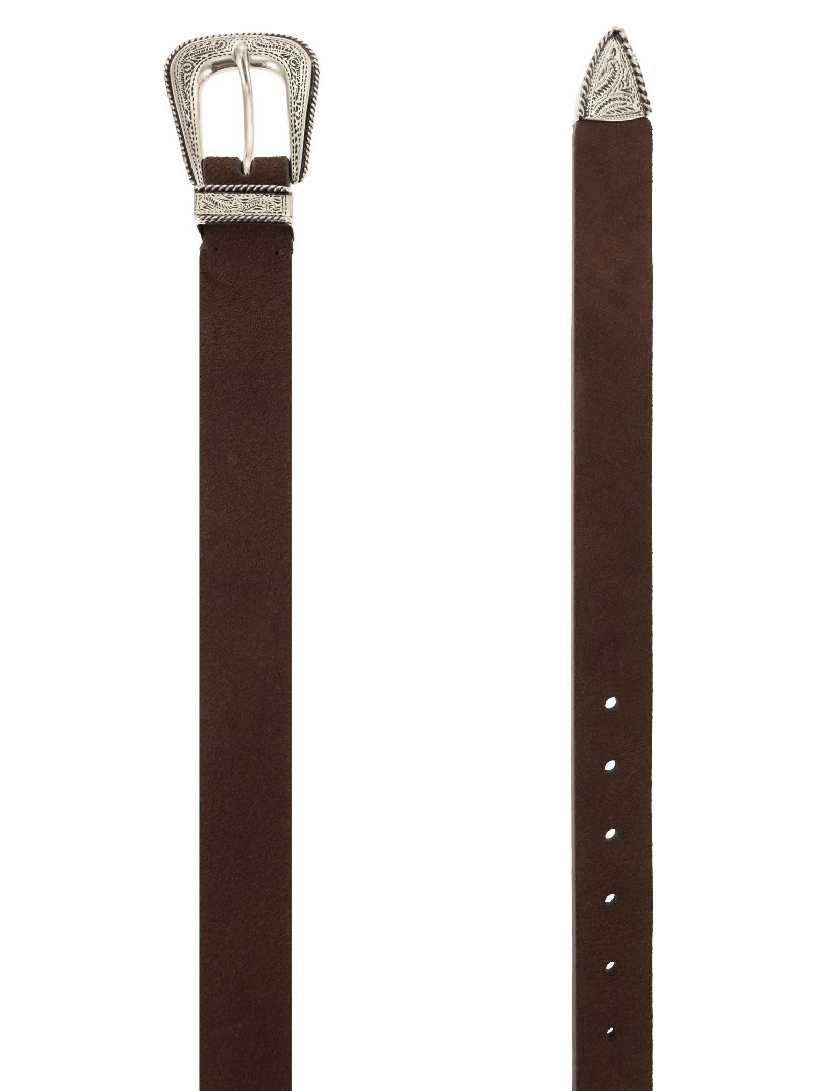 Brunello Cucinelli Men Suede Leather Belt With Engraved Western Buckle