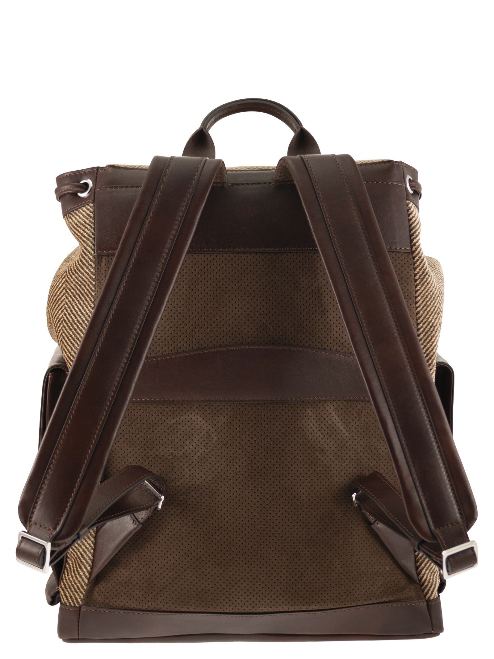 Brunello Cucinelli Men Herringbone-Texture Backpack With Leather Trims