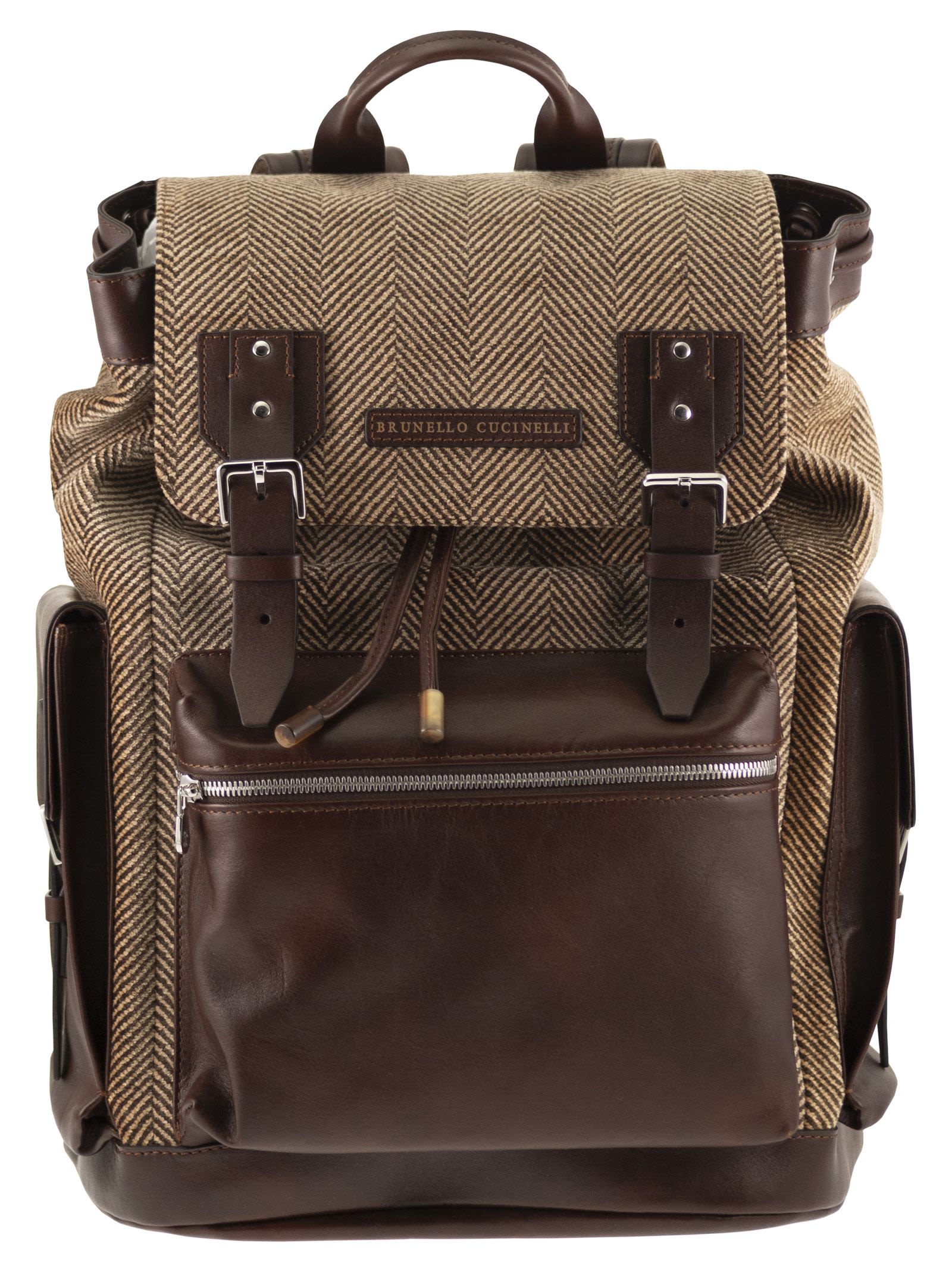 Brunello Cucinelli Men Herringbone-Texture Backpack With Leather Trims