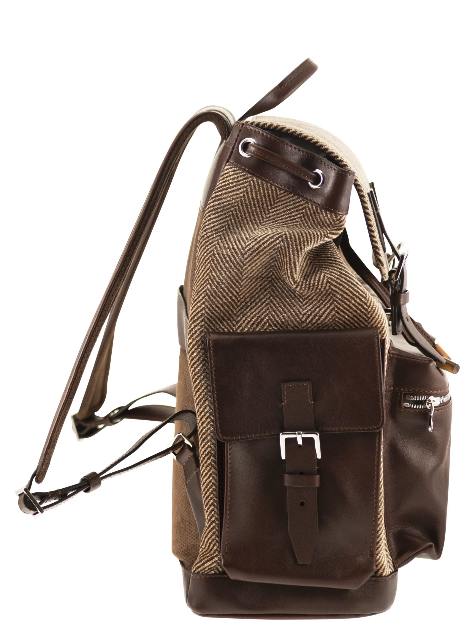 Brunello Cucinelli Men Herringbone-Texture Backpack With Leather Trims